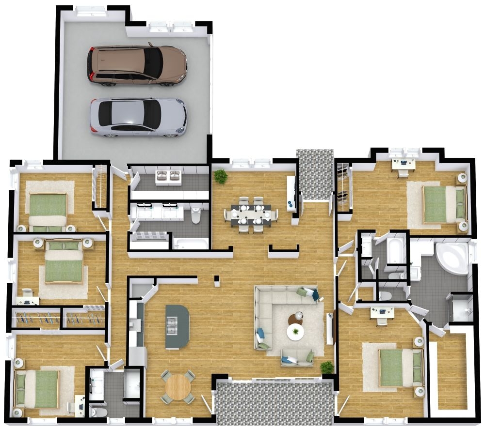 Residential Floor Plan with Five Bedroom Layout and Social Hub