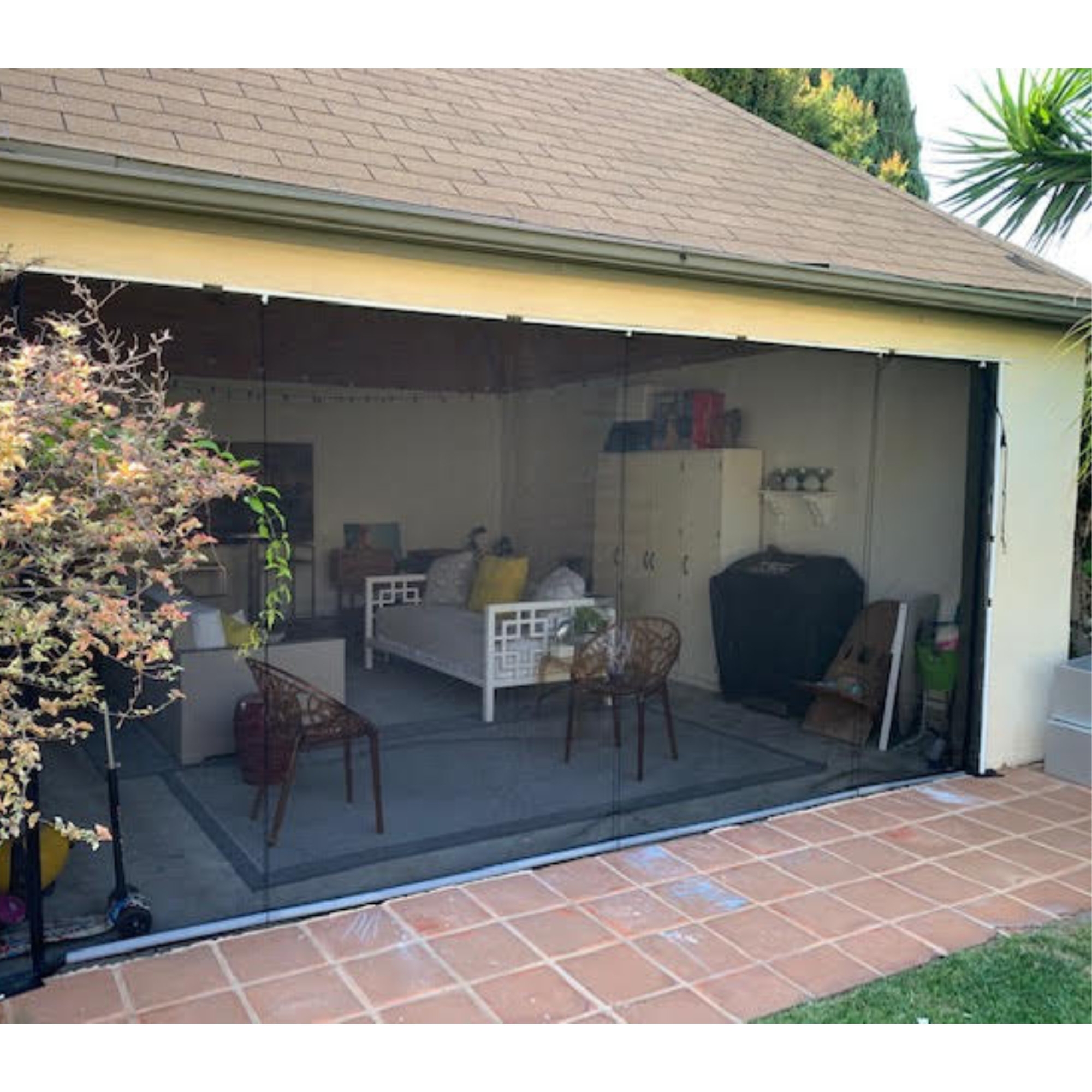 Roll Screen Zip Closure Bronze Frame Outdoor Living Room