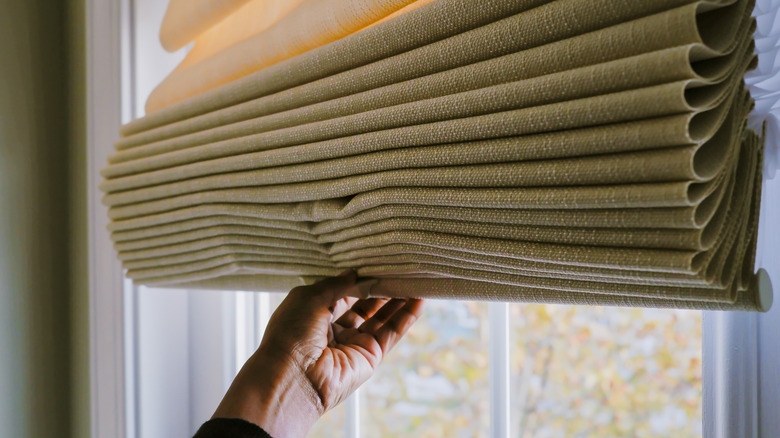 Roman Shade: Sage Green Woven Texture Horizontal Fold Blinds