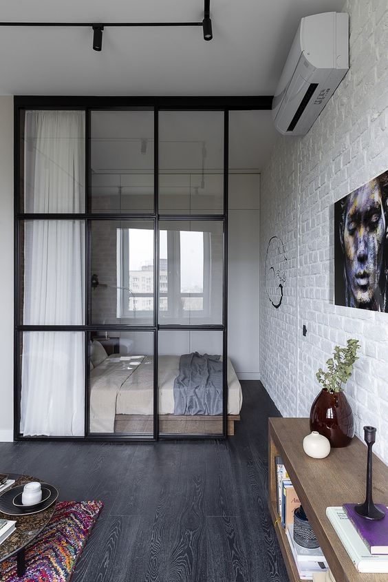 Room Divider: Metal Framed Glass Sliding Door Grid Pane