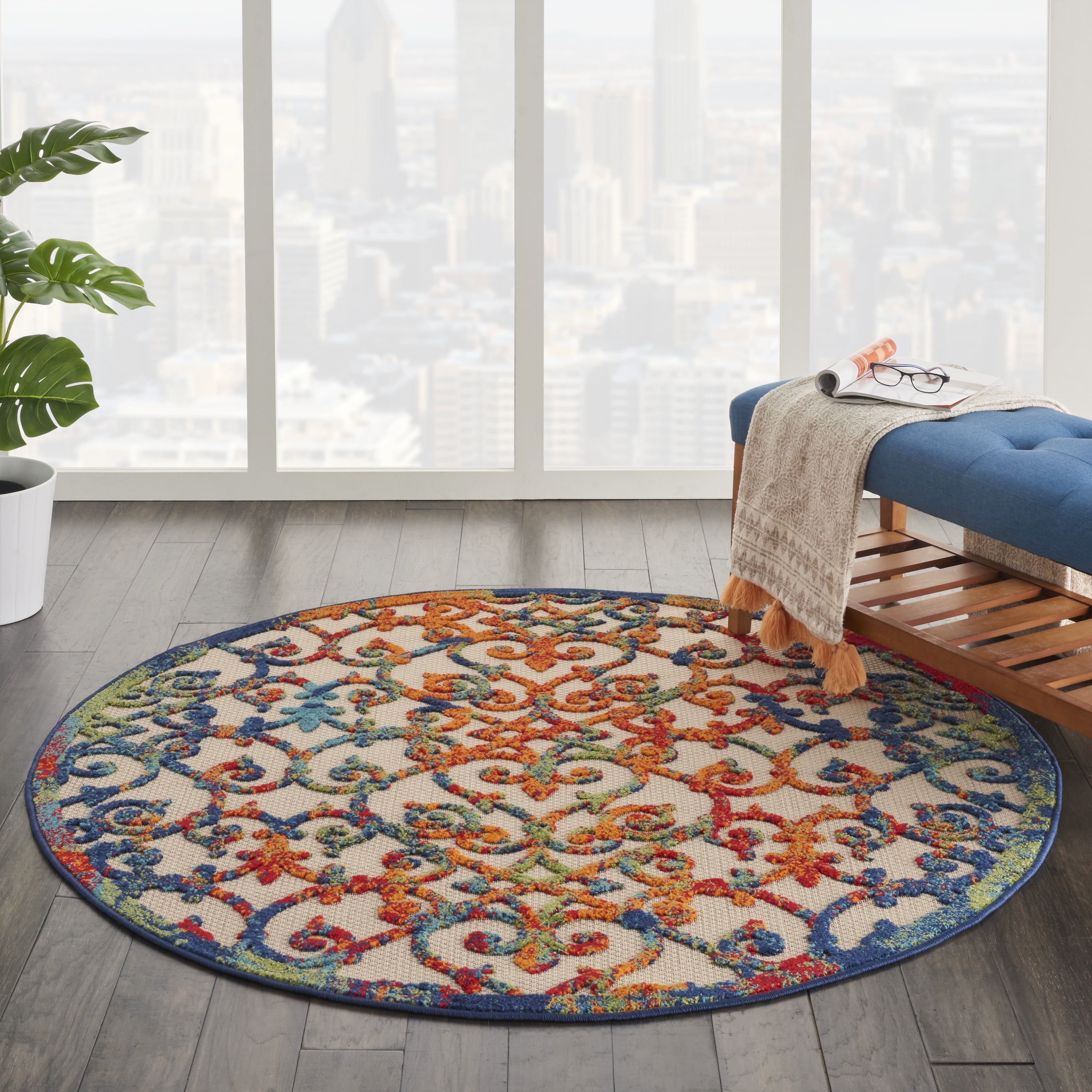 Round Area Rug Vibrant Multicolor Round Rug Scroll Detail