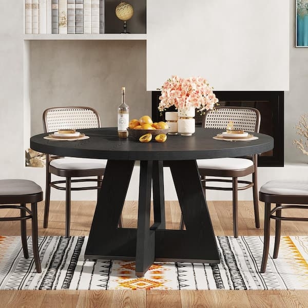 Round Dining Table Angled Pedestal Matte Black Wood