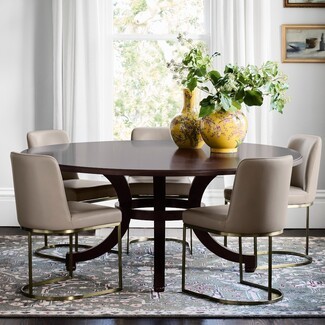 Round Dining Table Espresso with Brass C-Frame Chairs