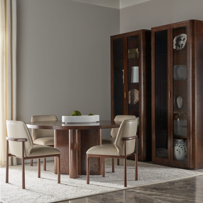 Round Dining Table: Figured Wood Grain Pedestal Base