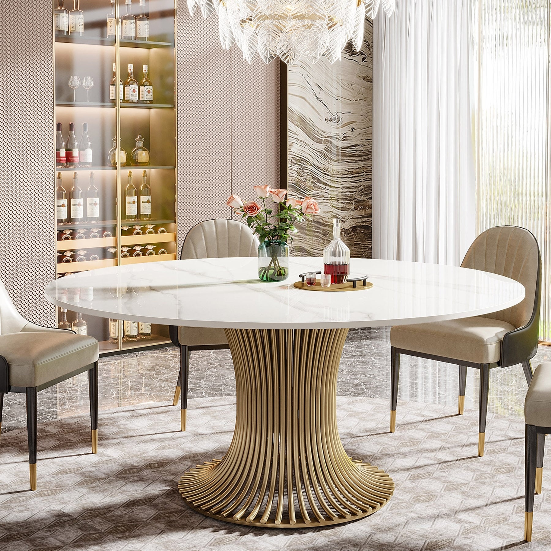 Round Dining Table Gold Slat Pedestal with Stone Top