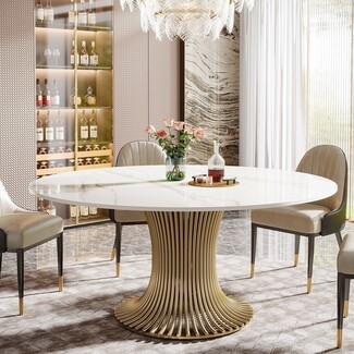 Round Dining Table Gold Slat Pedestal with Stone Top