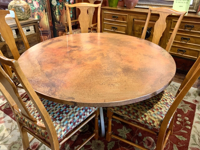 Round Dining Table: Hammered Surface and Wood Fiddle Back