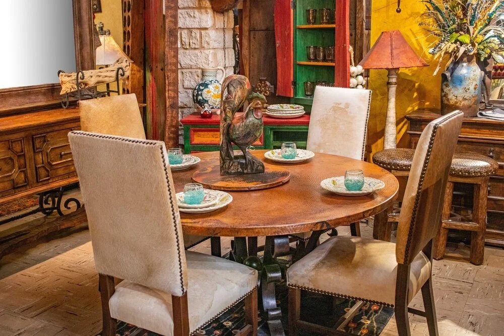 Round Dining Table: Hide Upholstery and Hacienda Style Top