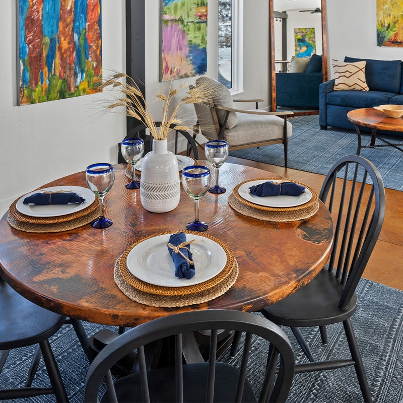 Round Dining Table: Metallic Top with Black Spindle Chairs