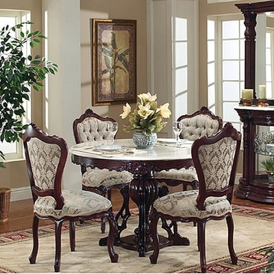 Round Dining Table Stone Inlay Top with Tufted Seats