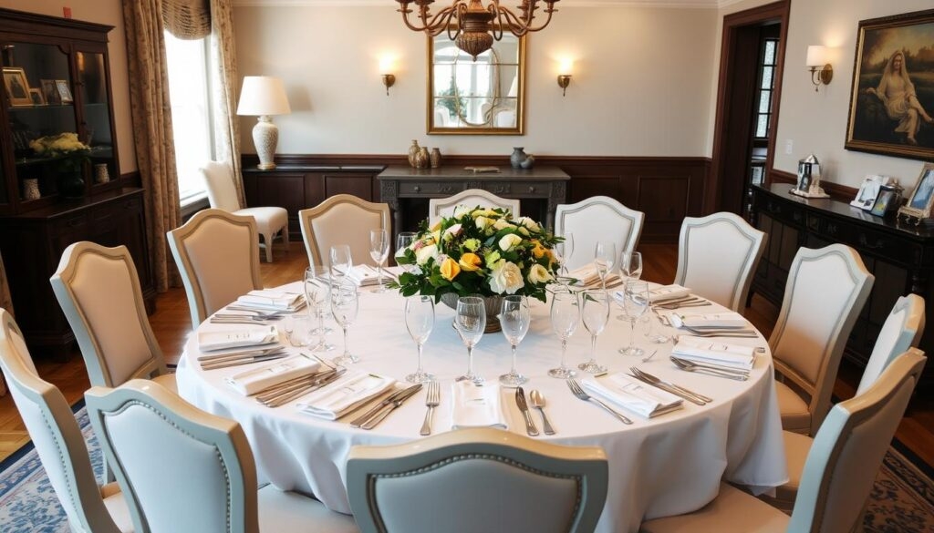Round Dining Table Ten Seat Capacity with White Linen