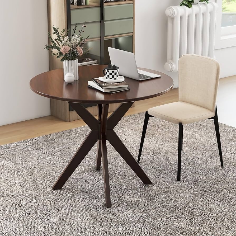 Round Dining Table: Walnut Intersecting Trestle Dinette Furniture