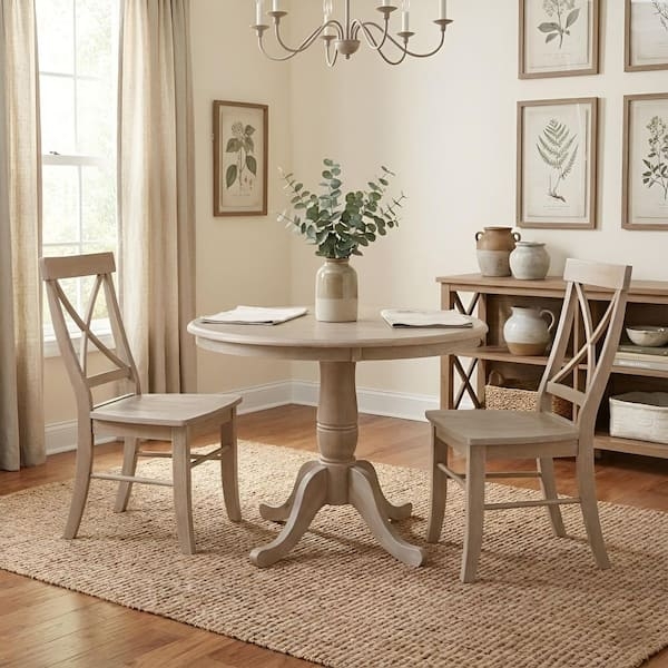 Round Dining Table: Weathered Taupe X-Back Farmhouse Chairs