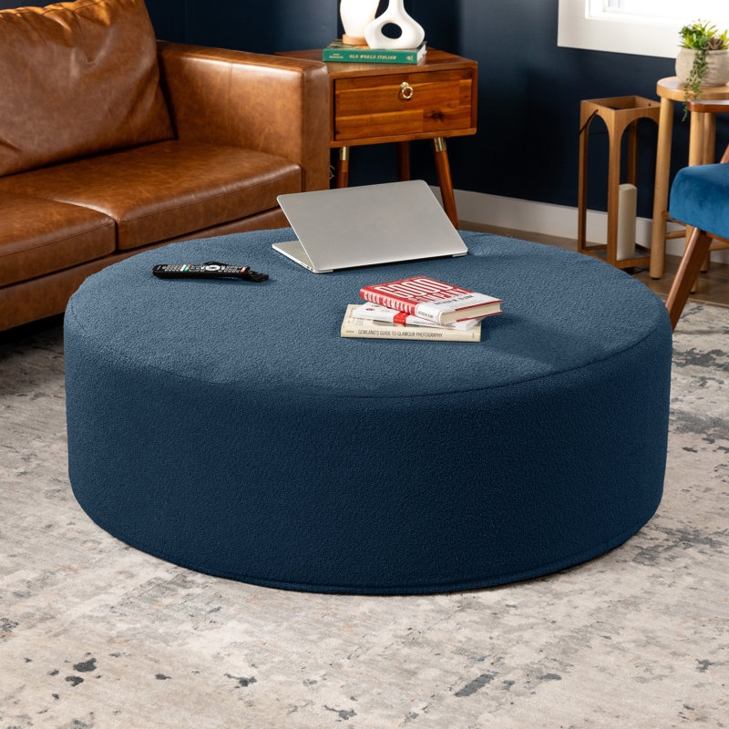 Round Ottoman Navy Boucle: Textured Round Ottoman in Navy Boucle
