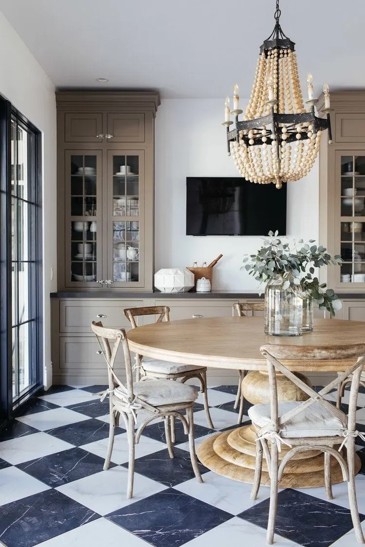Round Pedestal Dining Table with Stepped Base and Cross Back Chairs
