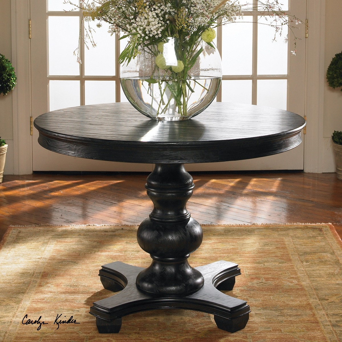 Round Pedestal Table Wire Brushed Black Turned Base