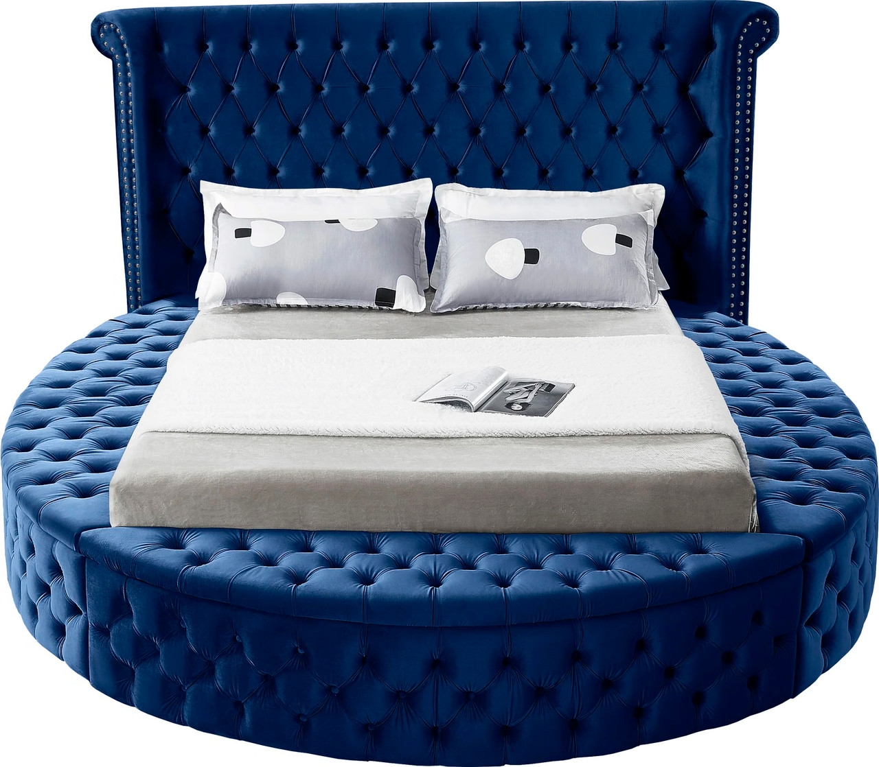 Round Platform Bed Circular Frame and Tufted Storage Benches
