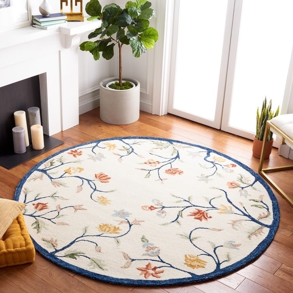 Round Rug Ivory and Blue Circular Rug Scrolling Vine