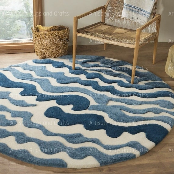 Round Rug Undulating Wave Design Blue Wave Round Rug
