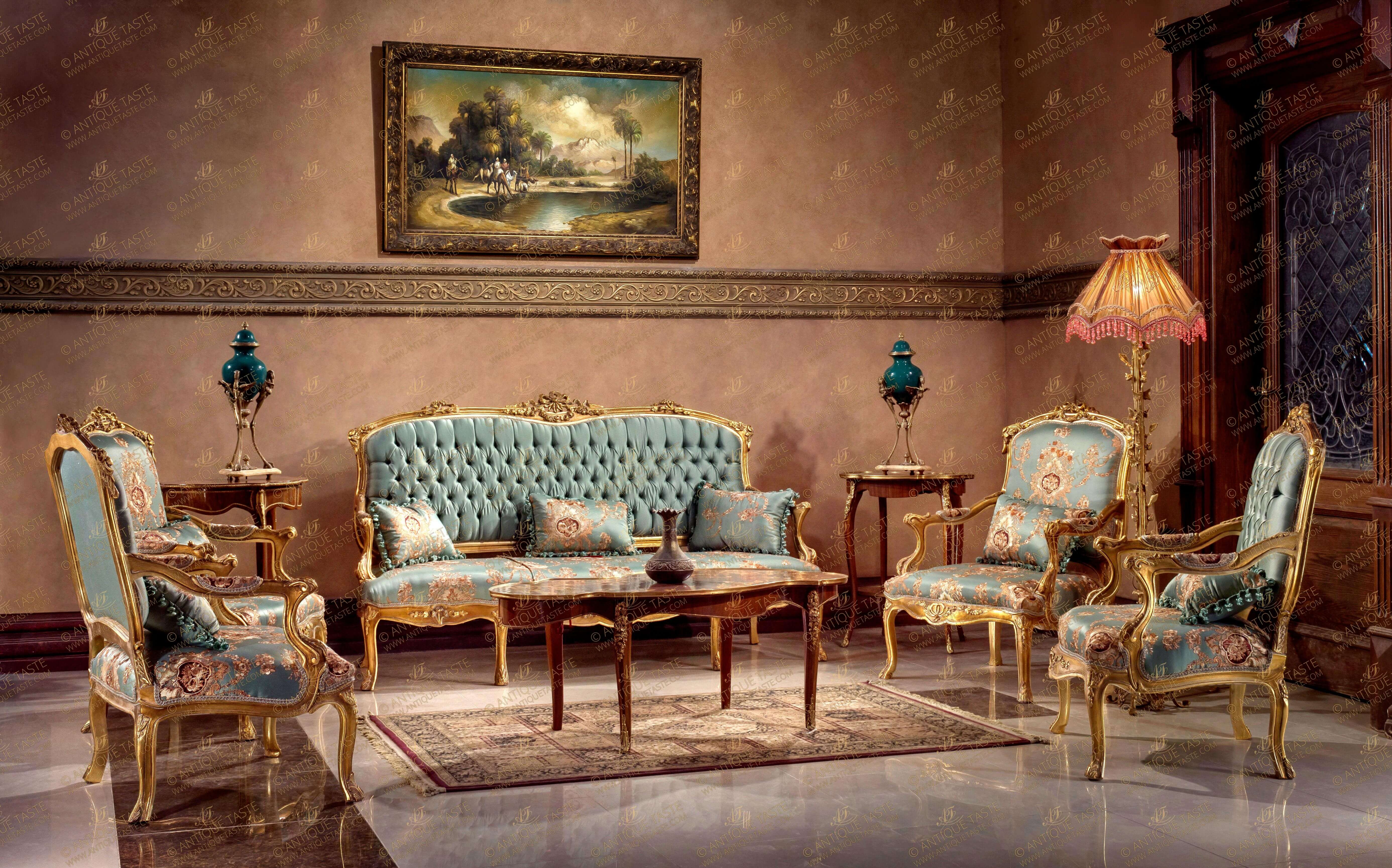 Royal Sofa Set with Seafoam Damask Seafoam Blue Damask Seating