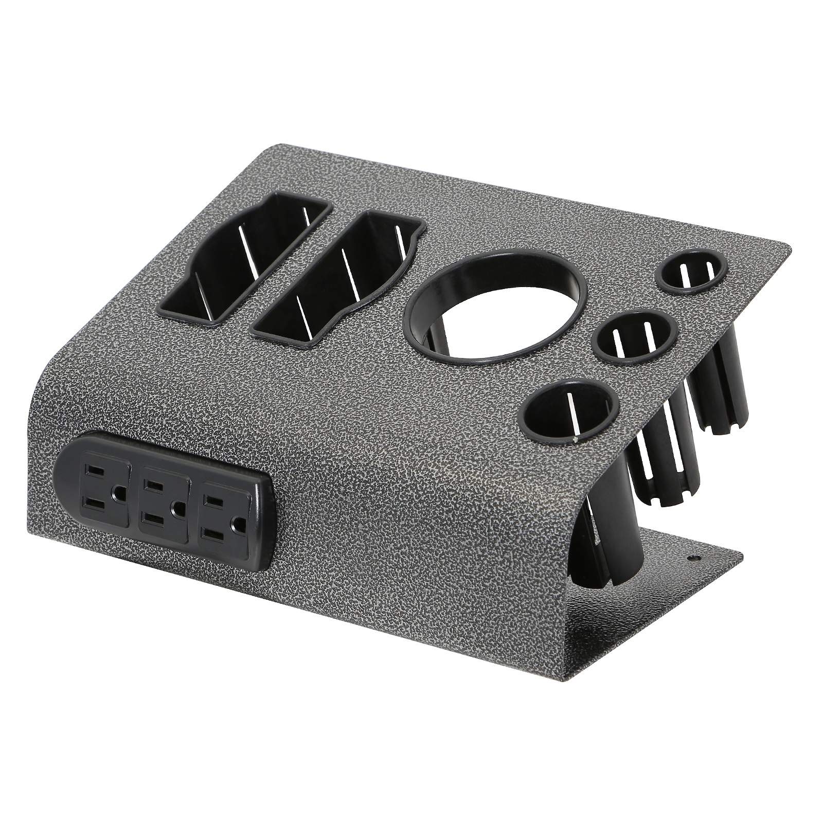 Salon Appliance Holder: Speckled gray station with integrated outlets