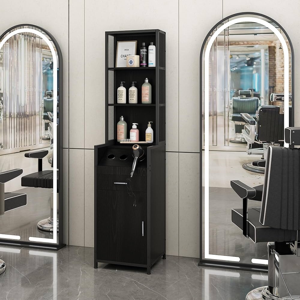 Salon Station with Perforated Mesh Sides and Tall Cabinet