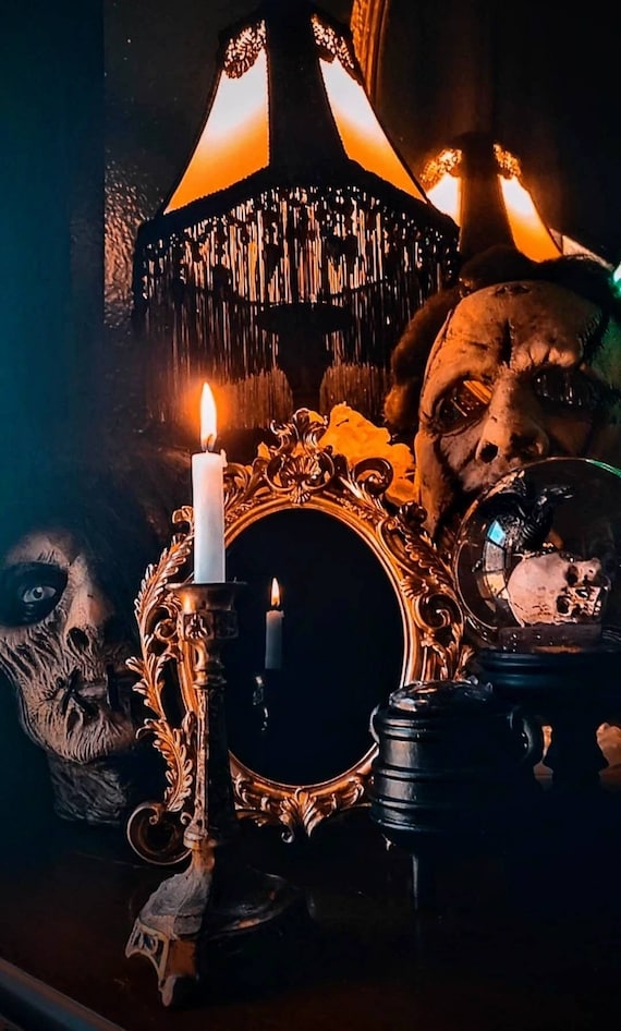 Scrying Mirror featuring Ornate Scrolled Frame, Macabre Aesthetic