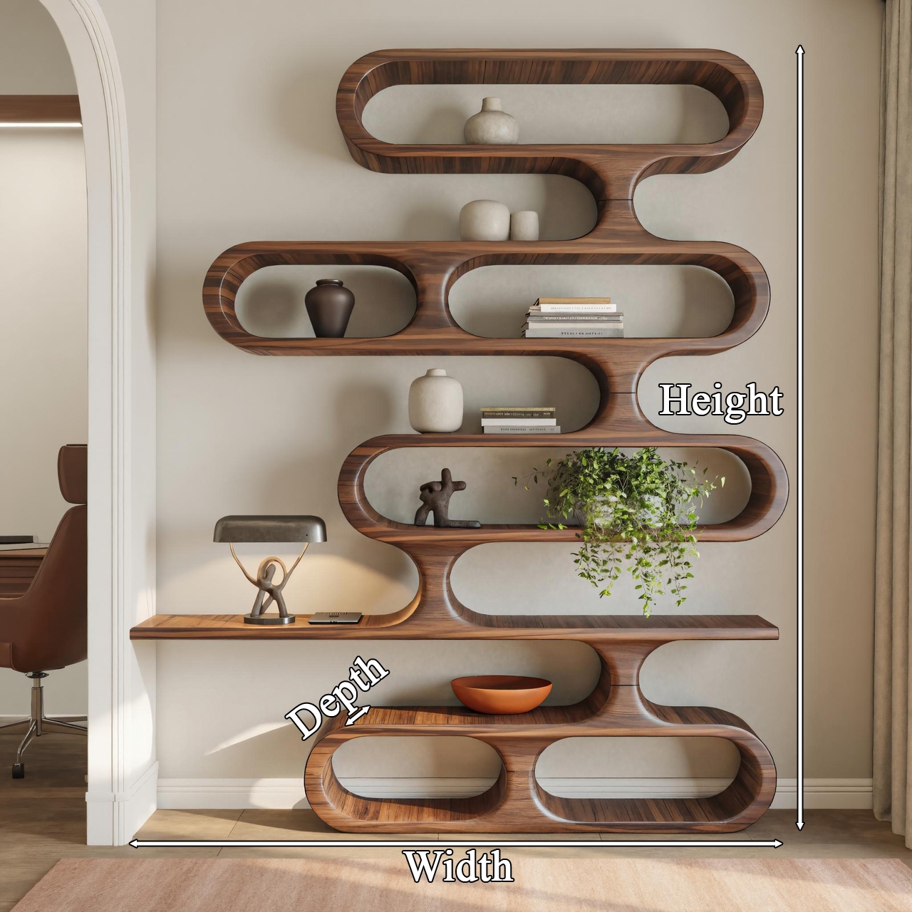Sculptural Bookshelf Undulating Form Integrated Desk