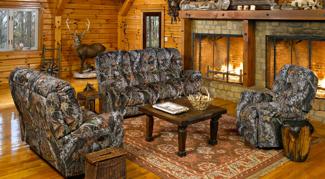 Seating Set in Camouflage with Stone Fireplace