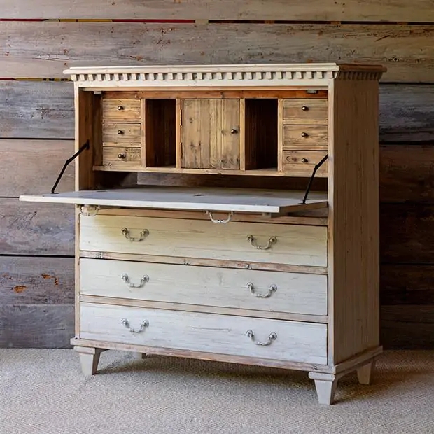 Secretary Desk with Dentil Molding and Whitewashed Wood