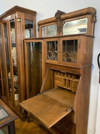Secretary Desk with Leaded Glass Arches and Mirror Top