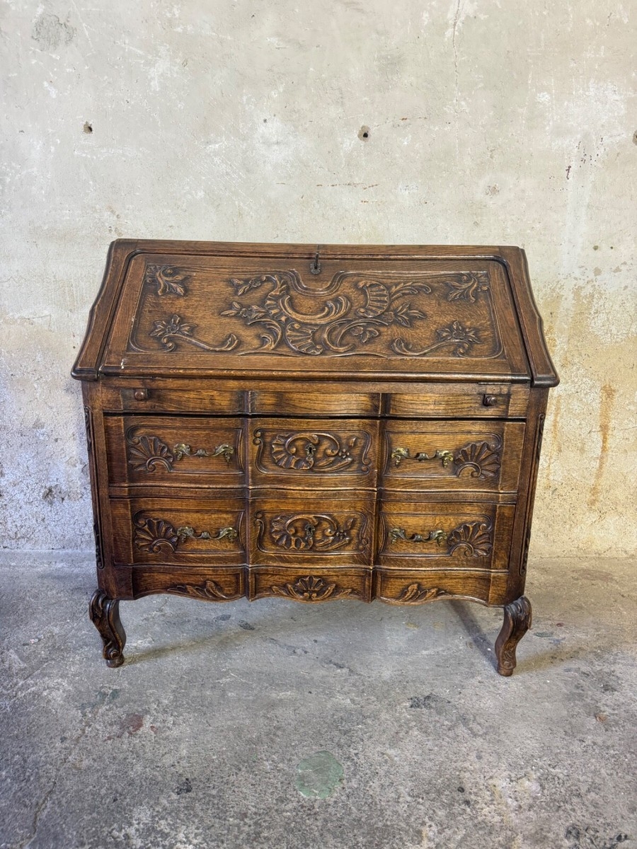 Secretary Desk with Slant Front and Ornate Floral Relief Carvings
