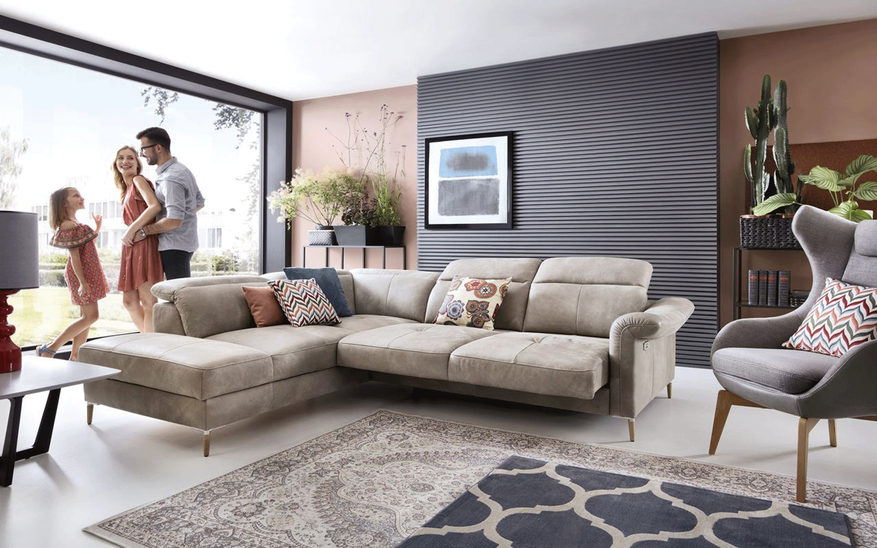 Sectional Sofa Bed with Adjustable Headrests and Tapered Metal Legs