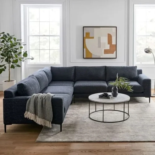Sectional Sofa Dark Blue Fabric Slim Black Legs Style