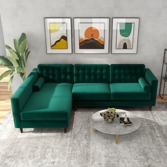 Sectional Sofa: Emerald Green Velvet with Tapered Legs