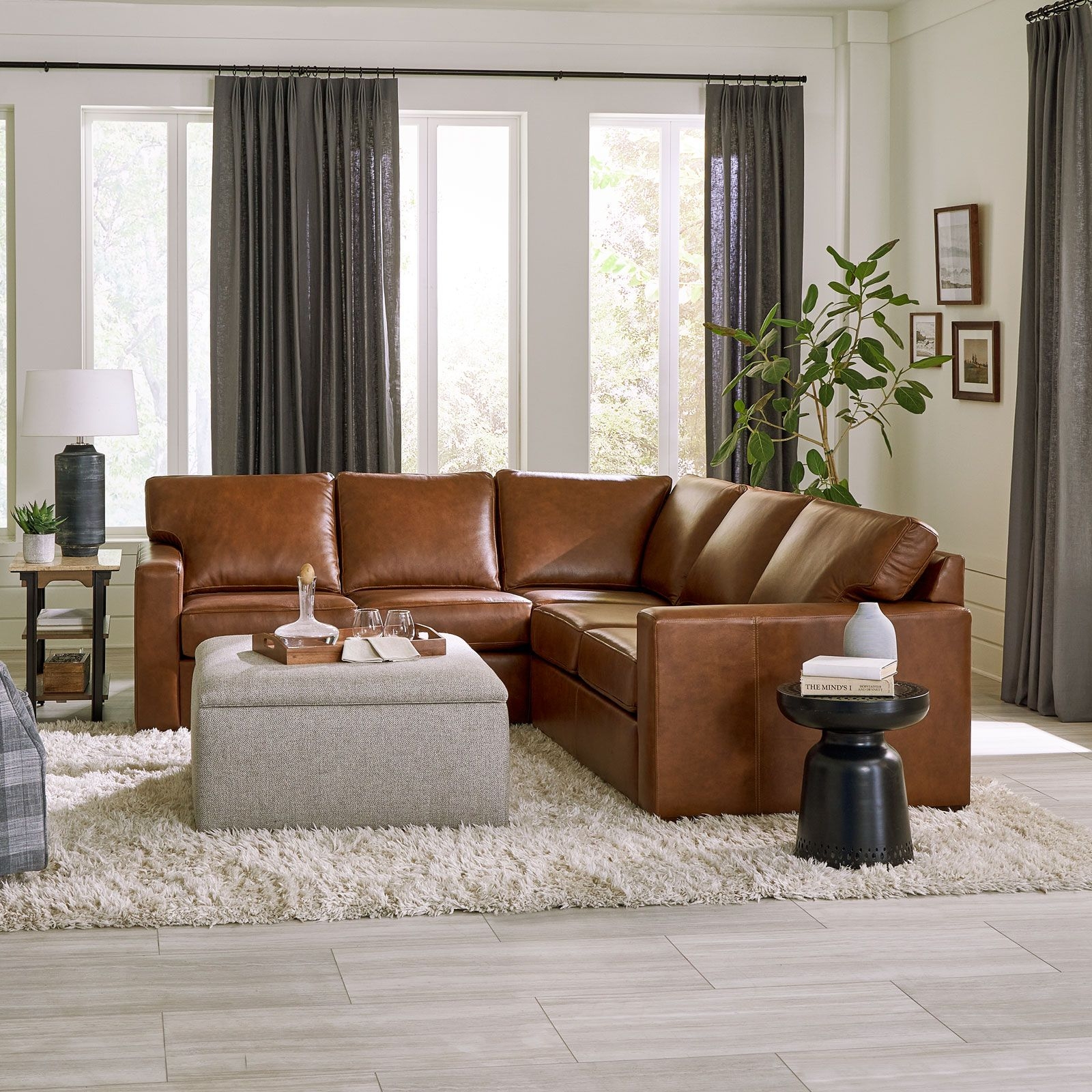 Sectional Sofa featuring Boxed Cushions L-shaped Brown Sofa