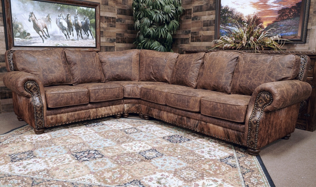 Sectional Sofa featuring Tooled Leather Accents Western Nailhead