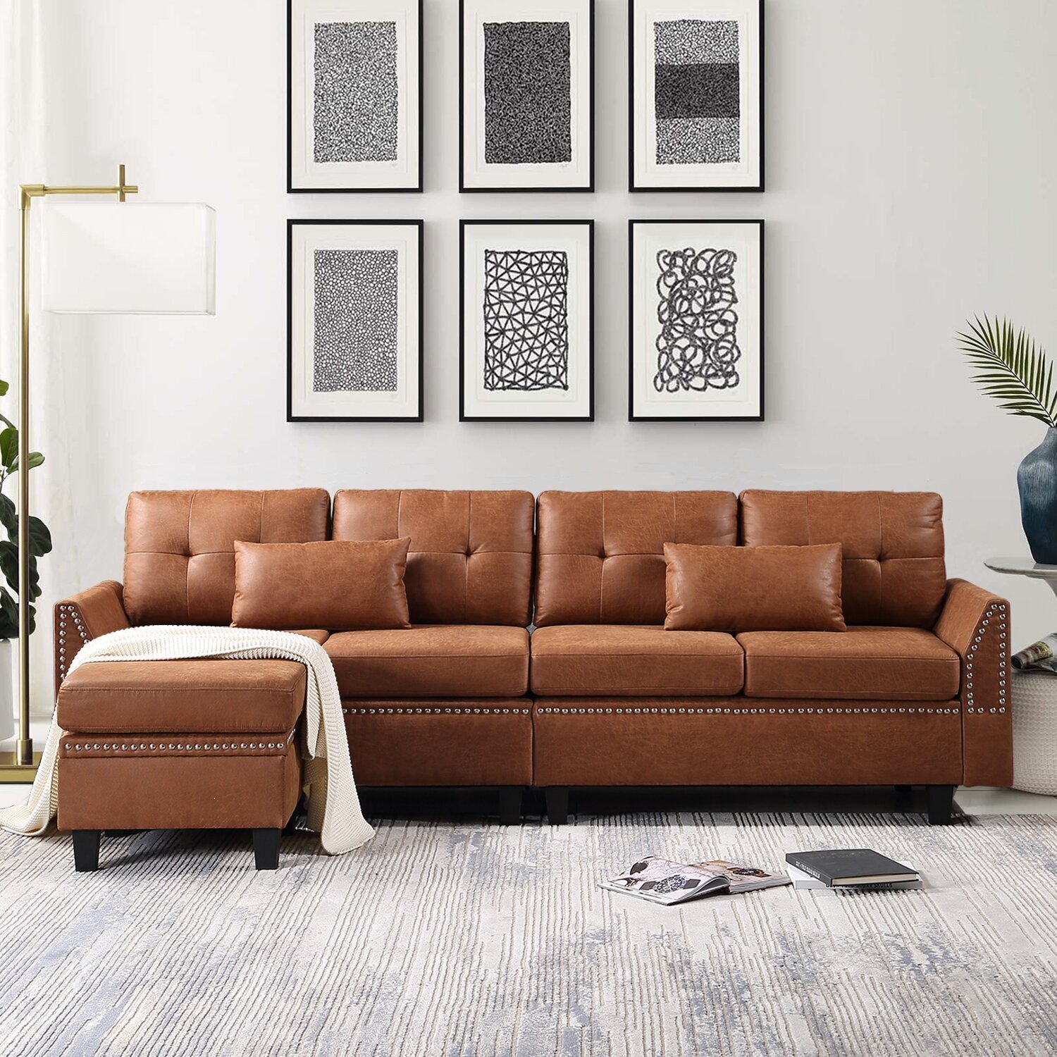 Sectional Sofa featuring Tufted Back Cognac Nailhead Trim