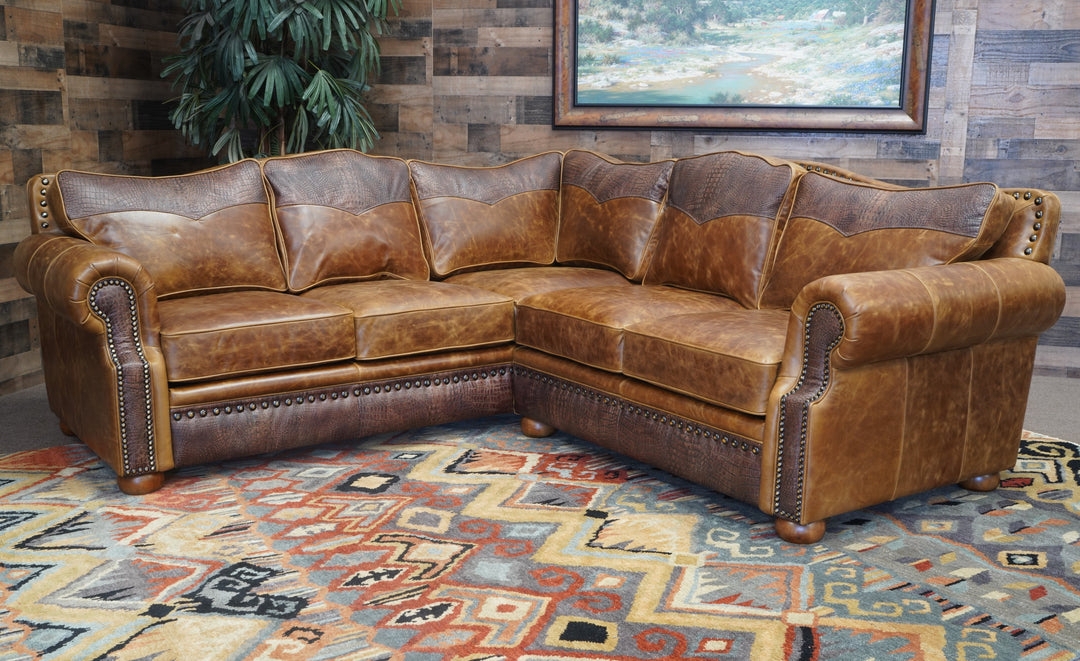 Sectional Sofa featuring Two Tone Upholstery Rustic Nailhead