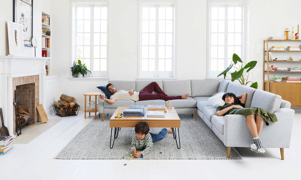Sectional Sofa Hairpin Legs Grey Marled Area Rug Idea