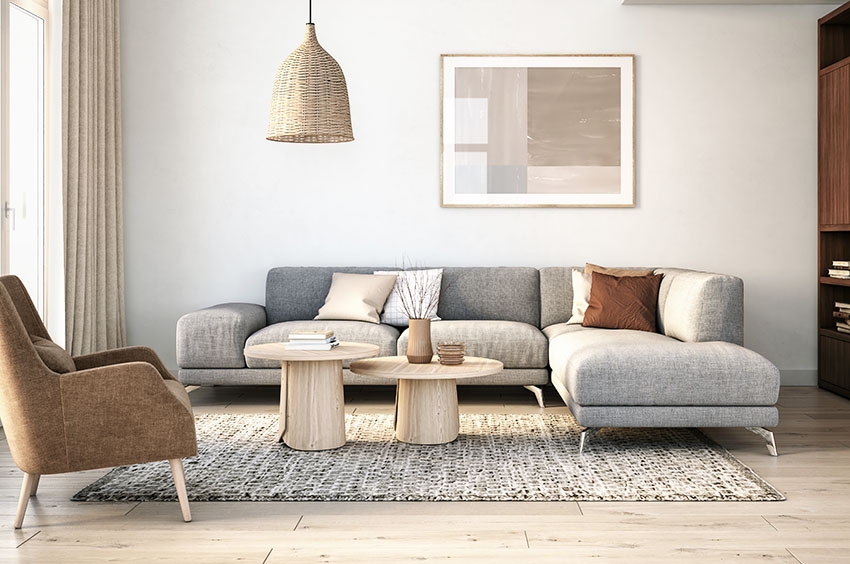Sectional Sofa L-Shaped Design Nesting Wooden Tables