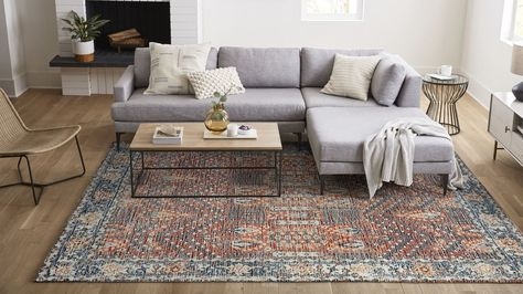 Sectional Sofa L-Shaped Layout Terracotta and Blue Rug