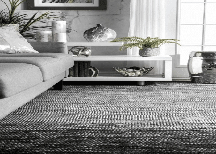 Sectional Sofa: Marble Accents Woven Black Rug Styling