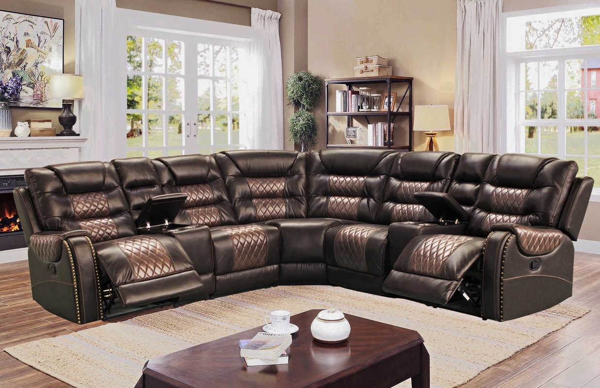 Sectional Sofa: Nailhead Trim Two-Tone Brown Reclining Sectional