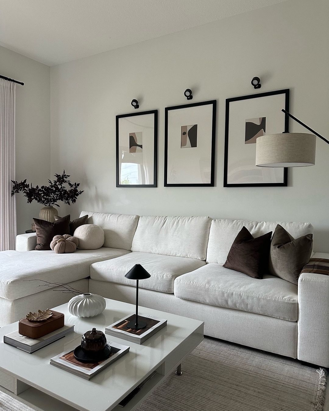 Sectional Sofa Off White Fabric Triptych Art Above Sofa