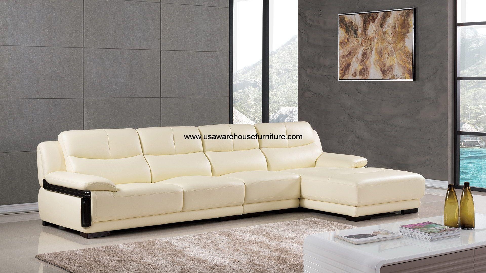 Sectional Sofa Off-White L-Shaped Dark Wood Accents