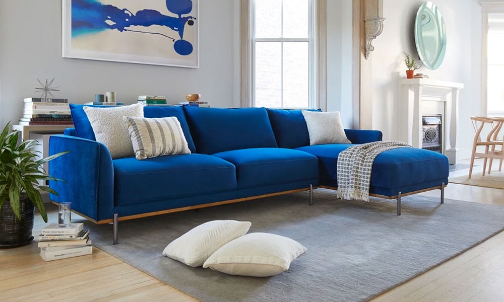 Sectional Sofa Royal Blue Upholstery Silver Metal Legs