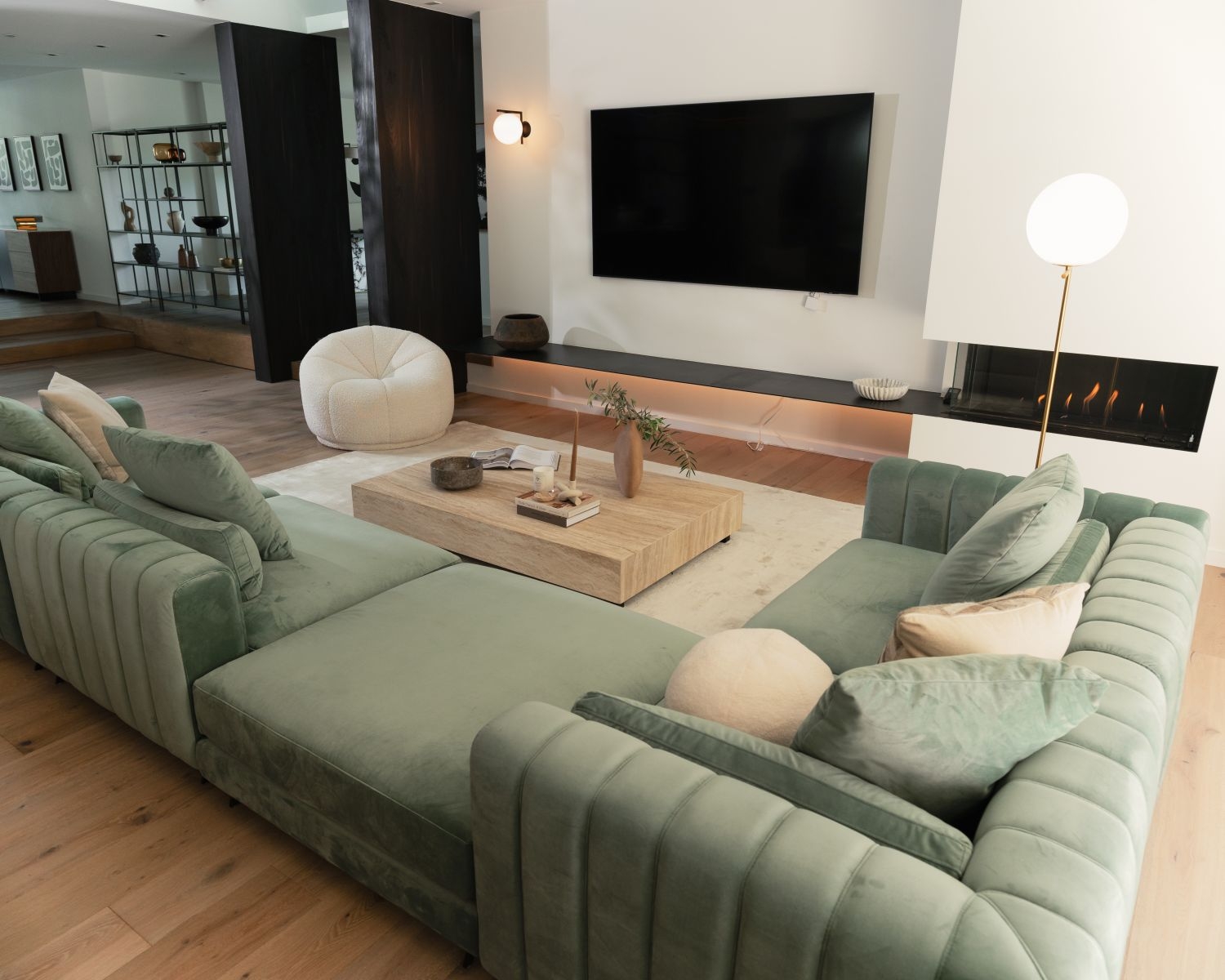 Sectional Sofa Sage Green Velvet Channel Tufted Back