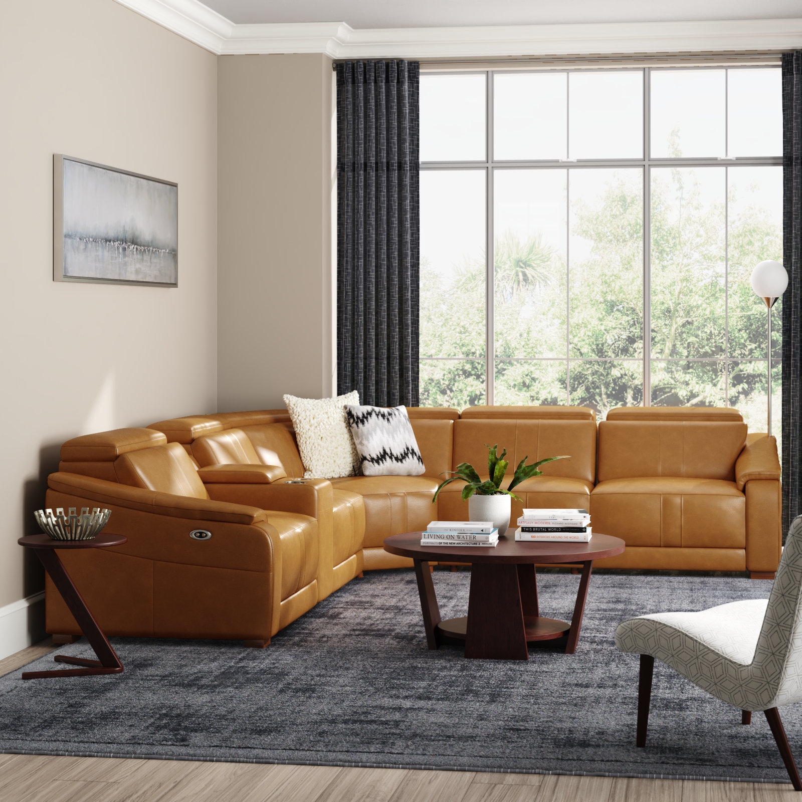Sectional Sofa: Tan Camel Power Reclining Sectional with Cups