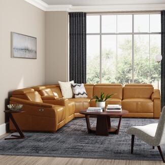 Sectional Sofa: Tan Camel Power Reclining Sectional with Cups